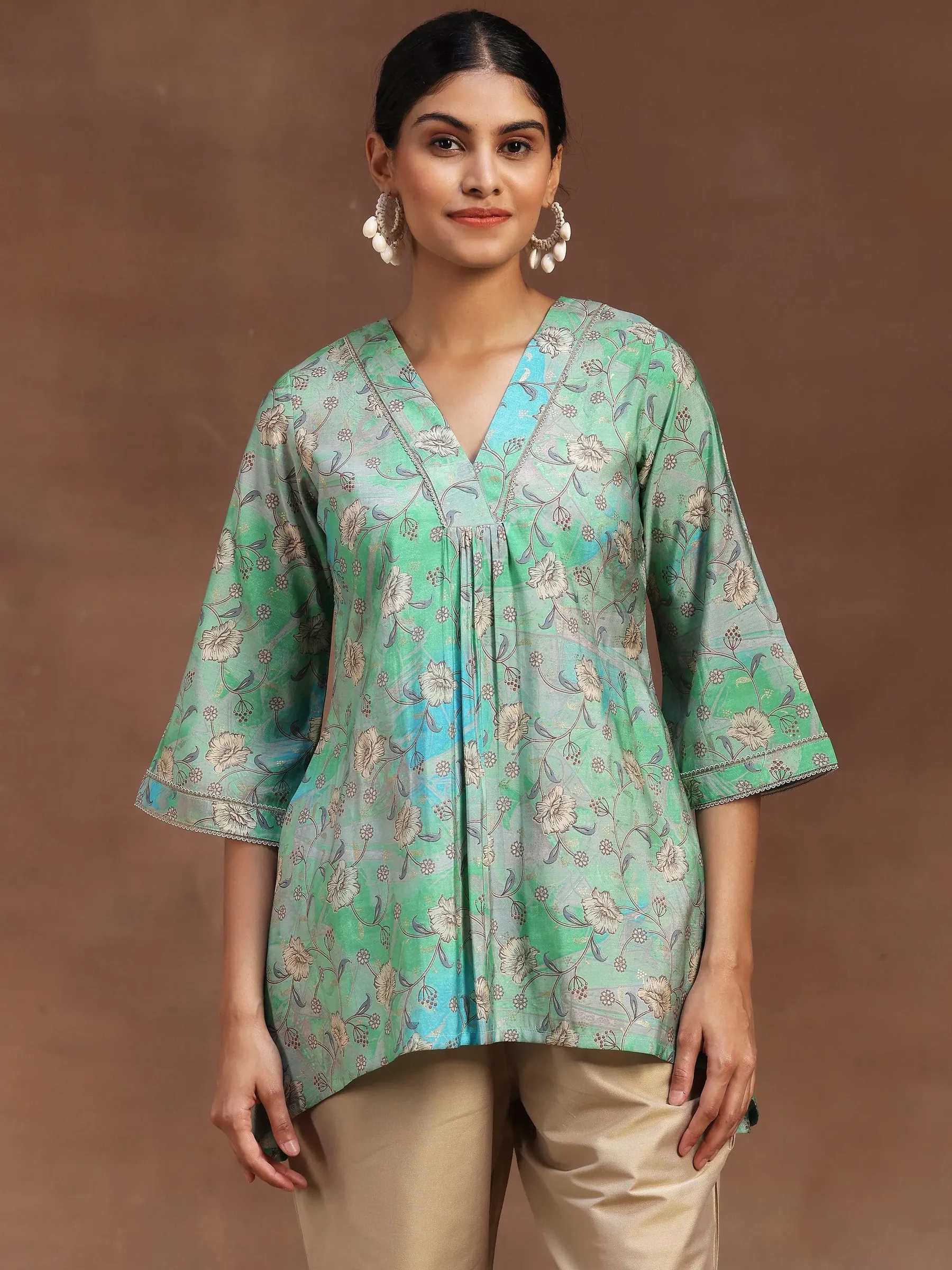Green Printed Silk Blend A-line Kurti